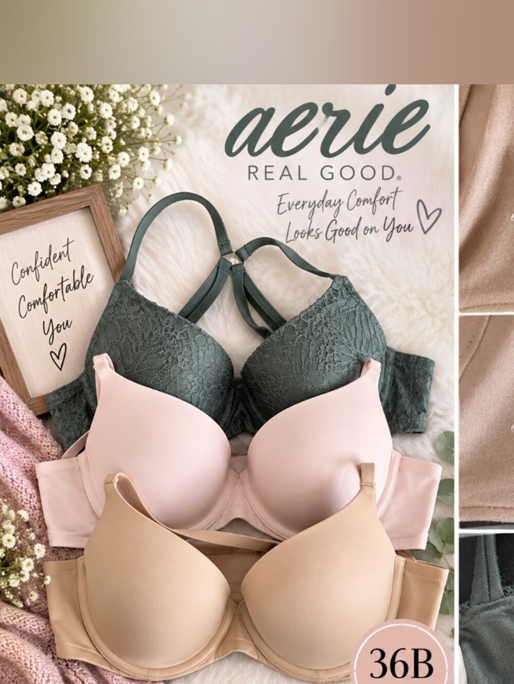 Aerie Real Sunnie Demi Bra Lot of 3 Size 36B Lace Nude Pink
